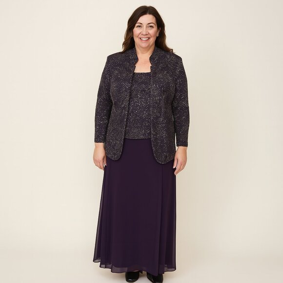 Alex Evenings Midnight Blue Glitter Formal Gown & Jacket Set | Size 16 | Elegant - Picture 1 of 14